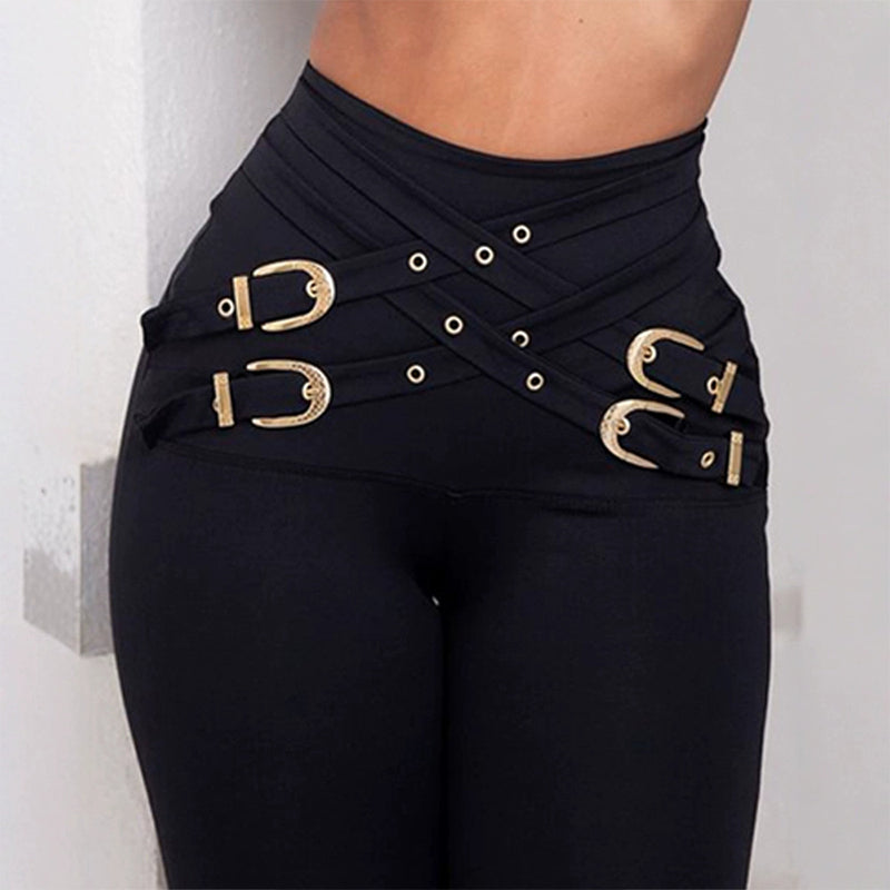 🍂Autumn Promotion 50%💕High-Waist Elastic Skinny Pants with Metal Belt Detail