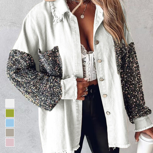 🍂Autumn Promotion 50%💕Women's Trendy Sequin Patchwork Coat with Raw Hem