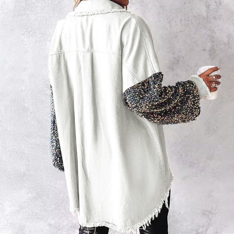 🍂Autumn Promotion 50%💕Women's Trendy Sequin Patchwork Coat with Raw Hem