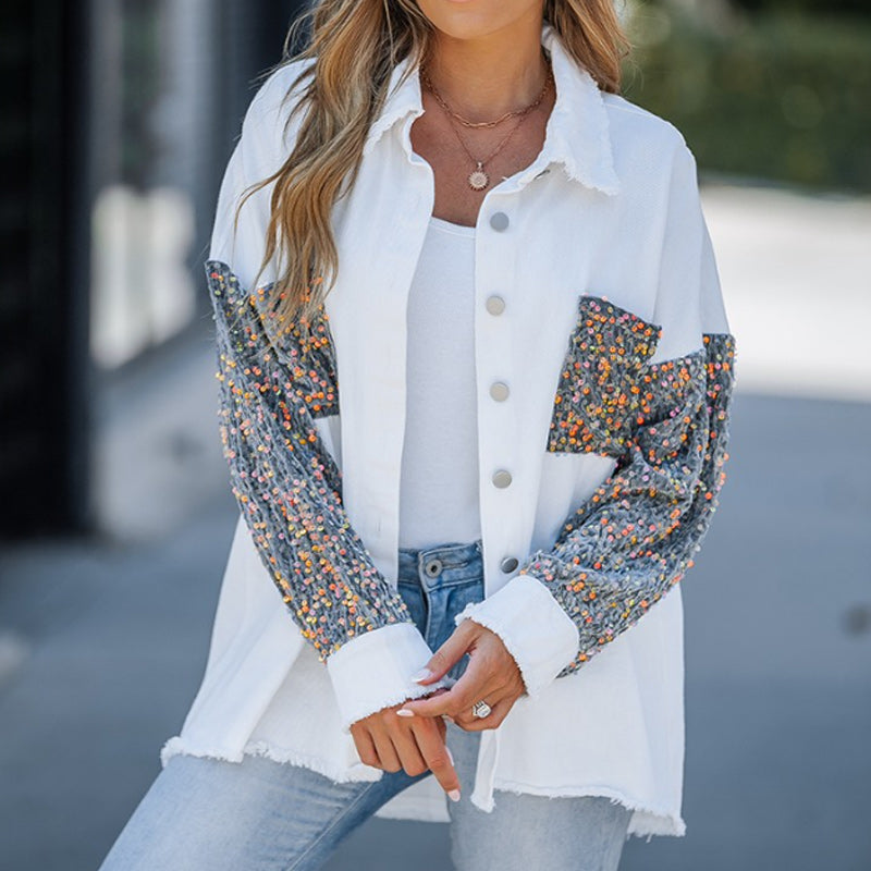 🍂Autumn Promotion 50%💕Women's Trendy Sequin Patchwork Coat with Raw Hem