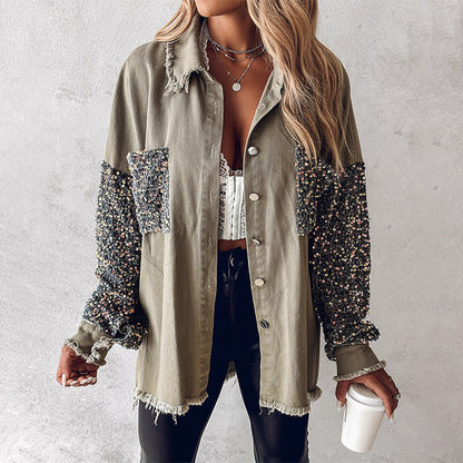 🍂Autumn Promotion 50%💕Women's Trendy Sequin Patchwork Coat with Raw Hem