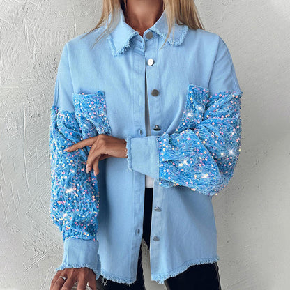🍂Autumn Promotion 50%💕Women's Trendy Sequin Patchwork Coat with Raw Hem
