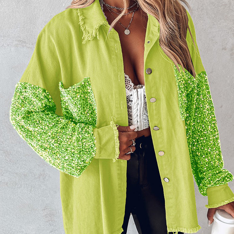 🍂Autumn Promotion 50%💕Women's Trendy Sequin Patchwork Coat with Raw Hem