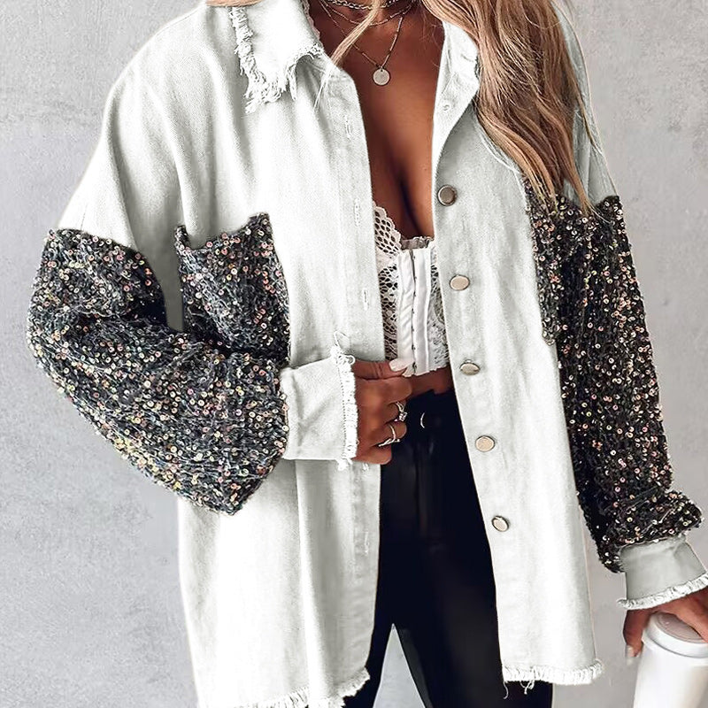 🍂Autumn Promotion 50%💕Women's Trendy Sequin Patchwork Coat with Raw Hem