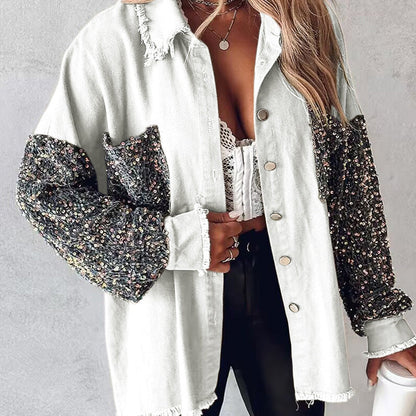 🍂Autumn Promotion 50%💕Women's Trendy Sequin Patchwork Coat with Raw Hem