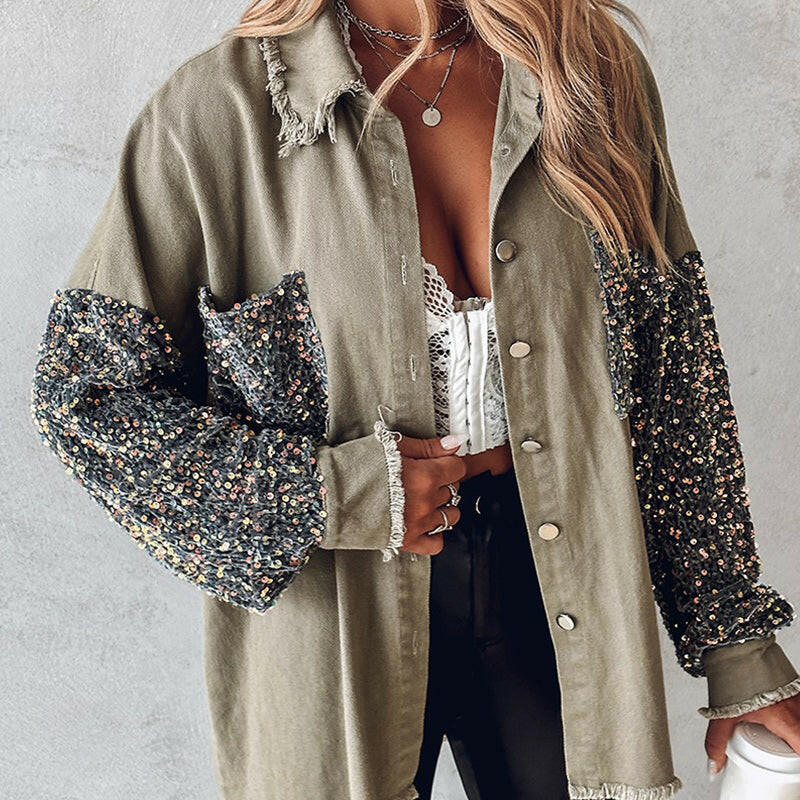 🍂Autumn Promotion 50%💕Women's Trendy Sequin Patchwork Coat with Raw Hem