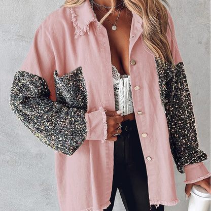 🍂Autumn Promotion 50%💕Women's Trendy Sequin Patchwork Coat with Raw Hem