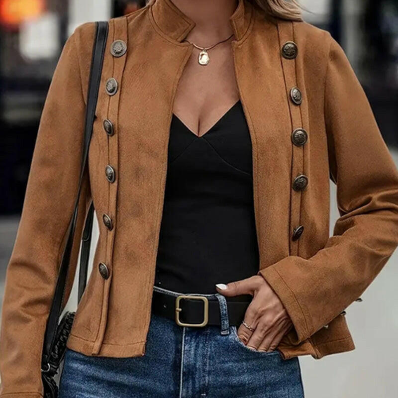 Women's Solid-Color Faux Suede Double-Breasted Short Jacket