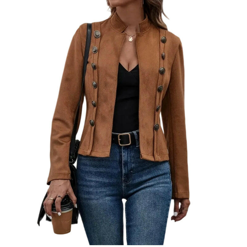 Women's Solid-Color Faux Suede Double-Breasted Short Jacket