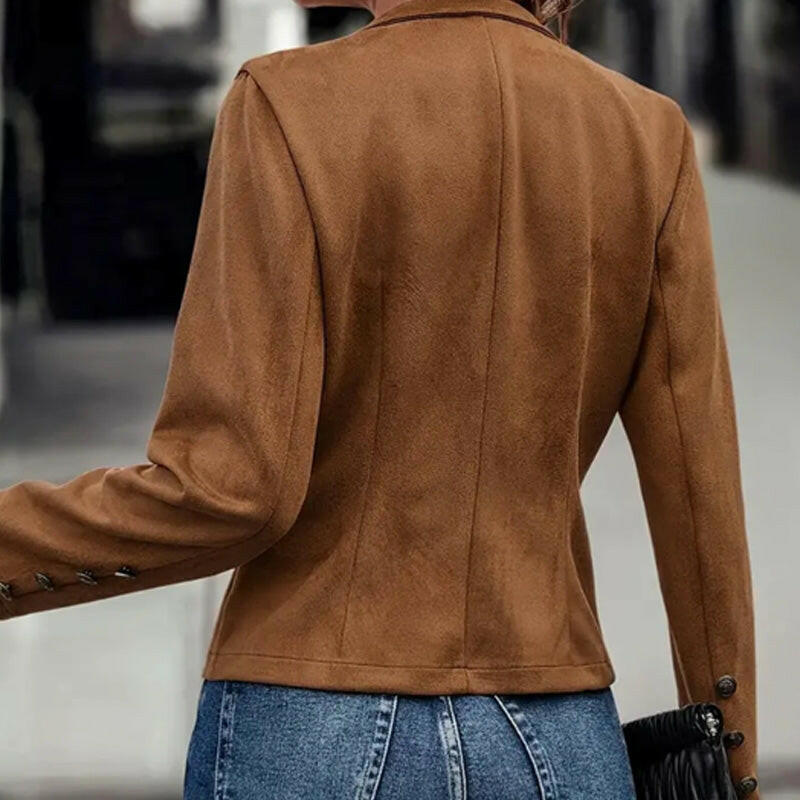 Women's Solid-Color Faux Suede Double-Breasted Short Jacket