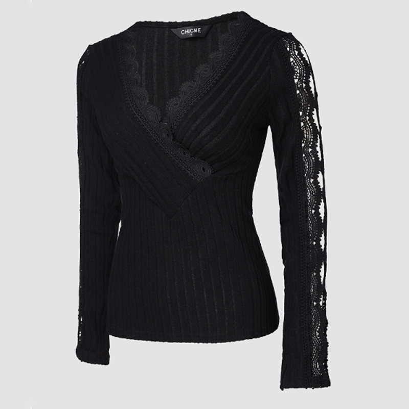 Women's Elegant V-Neck Slim Fit Lace Trim Top