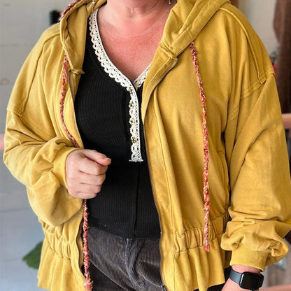 Chic Zip Up Hooded Jacket With Ruffle Hem
