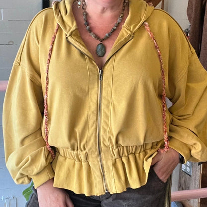 Chic Zip Up Hooded Jacket With Ruffle Hem