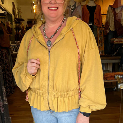 Chic Zip Up Hooded Jacket With Ruffle Hem