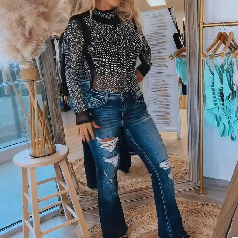 🔥👚Elegant Slim Fit Top With Rhinestone Details