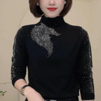 Women's Warm Rhinestone Half-Turtleneck Base Layer Shirt