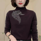 Women's Warm Rhinestone Half-Turtleneck Base Layer Shirt