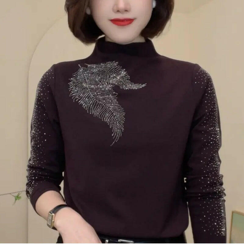 Women's Warm Rhinestone Half-Turtleneck Base Layer Shirt