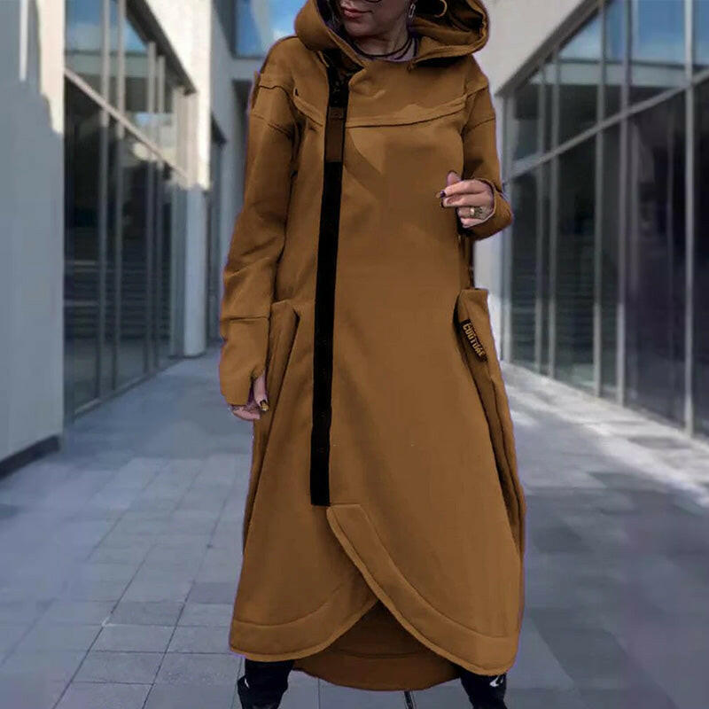 Fashion Deep Pocket Irregular Hem Hooded Coat