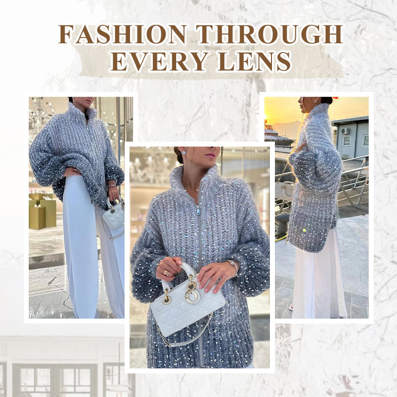 Fashion Sequin Full-Zipper Knit Sweater for Women