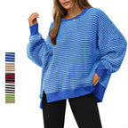 Casual Crewneck Color-Blocked Sweatshirt with Side Split