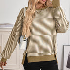 Casual Crewneck Color-Blocked Sweatshirt with Side Split