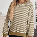 Casual Crewneck Color-Blocked Sweatshirt with Side Split