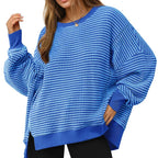 Casual Crewneck Color-Blocked Sweatshirt with Side Split
