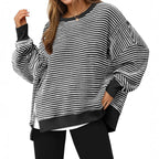 Casual Crewneck Color-Blocked Sweatshirt with Side Split