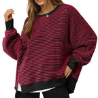 Casual Crewneck Color-Blocked Sweatshirt with Side Split