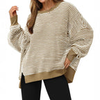 Casual Crewneck Color-Blocked Sweatshirt with Side Split