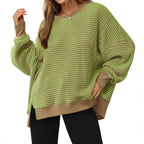 Casual Crewneck Color-Blocked Sweatshirt with Side Split