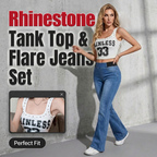 ✨ 50% OFF NOW!💎 2-Piece Rhinestone Tank & Flare Jeans Set – High-Waisted Stretch Denim – Elegant Party Outfit 👖