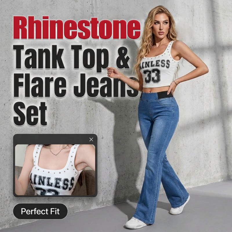 ✨ 50% OFF NOW!💎 2-Piece Rhinestone Tank & Flare Jeans Set – High-Waisted Stretch Denim – Elegant Party Outfit 👖