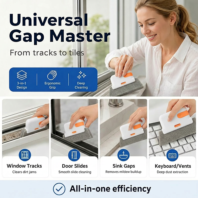 🔥Hot Sale 🔥 Stop Picking Window Tracks with Your Fingernail! 3-in-1 Window Track Cleaning Tool – Brush + Scraper + Scrub Pad, Reaches Where Fingers Can't