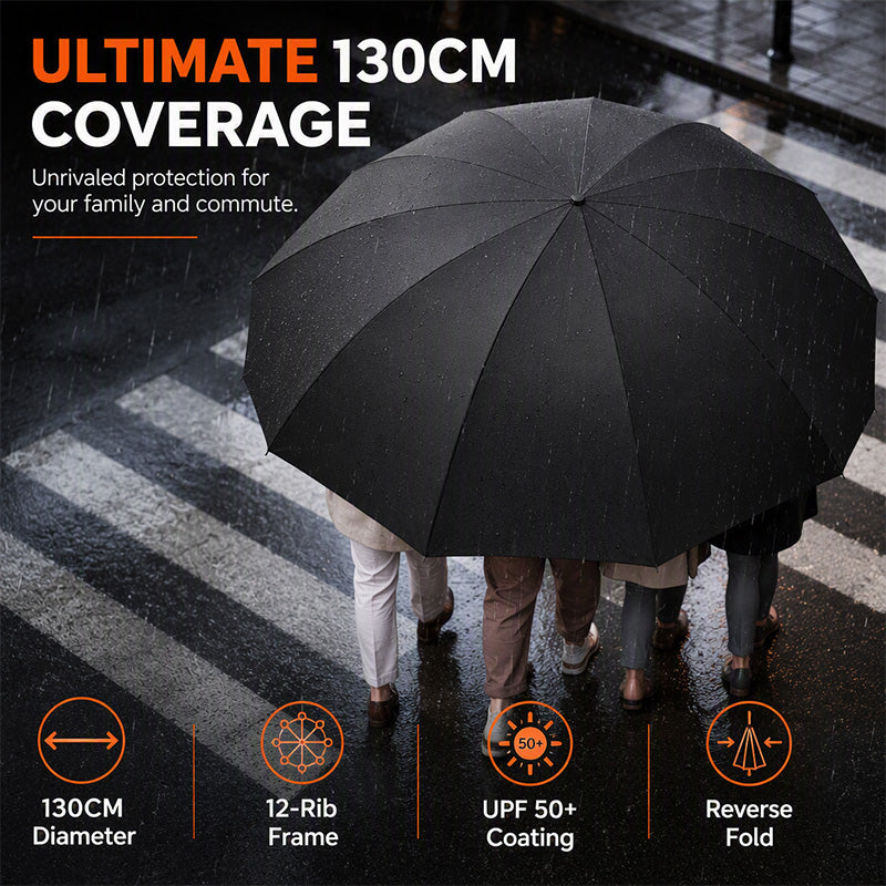 ☂️50% OFF NOW! Extra-Large Folding Umbrella – 130cm 12-Rib Windproof Reverse Fold Umbrella, UPF50+ Sun Protection Oversized Umbrella for Family Commute & Outdoor