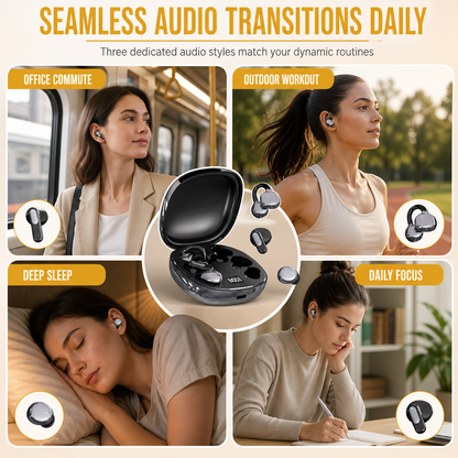 B115 3-in-1 Bluetooth Earphones with 6 Earbuds Ear Clip and In-Ear Sleep Headphones with Noise Cancelling and Long Battery Life