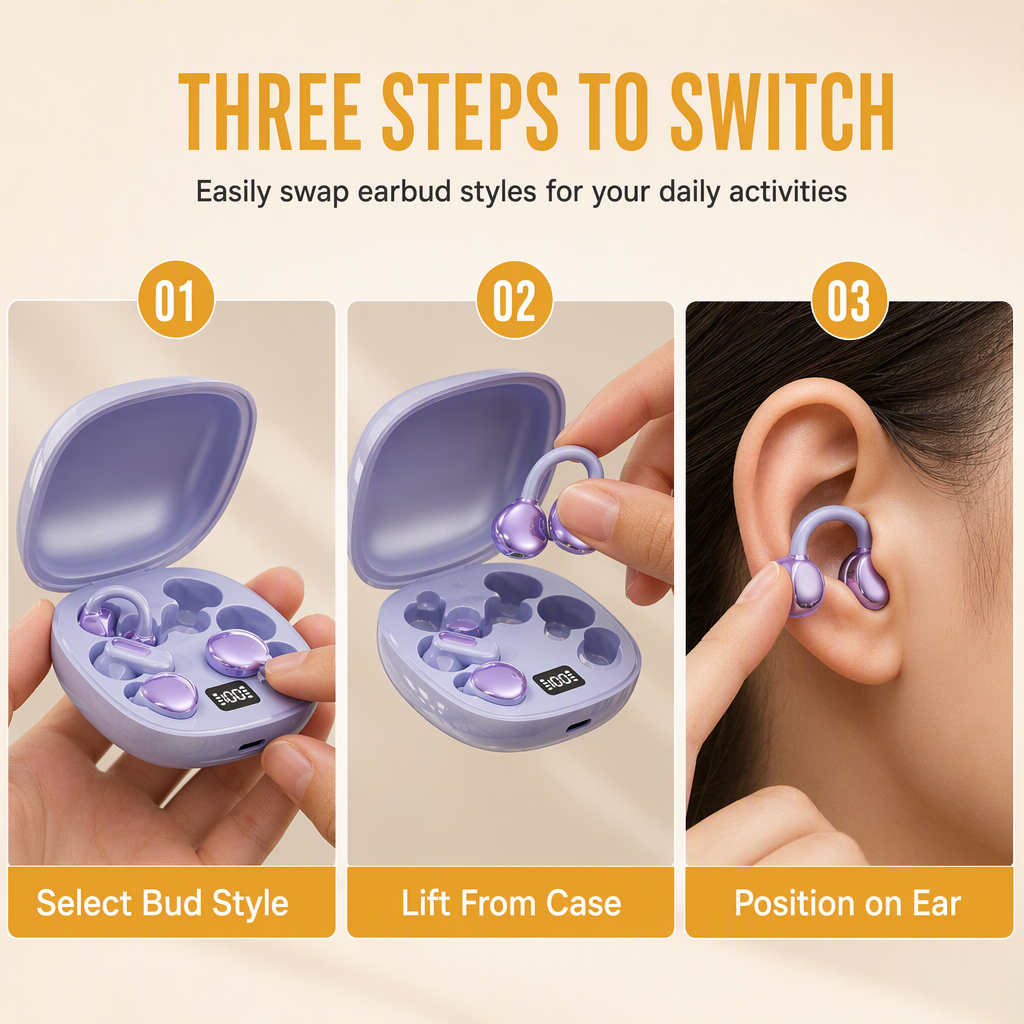 B115 3-in-1 Bluetooth Earphones with 6 Earbuds Ear Clip and In-Ear Sleep Headphones with Noise Cancelling and Long Battery Life