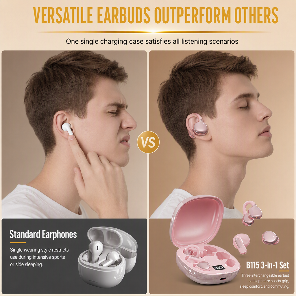 B115 3-in-1 Bluetooth Earphones with 6 Earbuds Ear Clip and In-Ear Sleep Headphones with Noise Cancelling and Long Battery Life