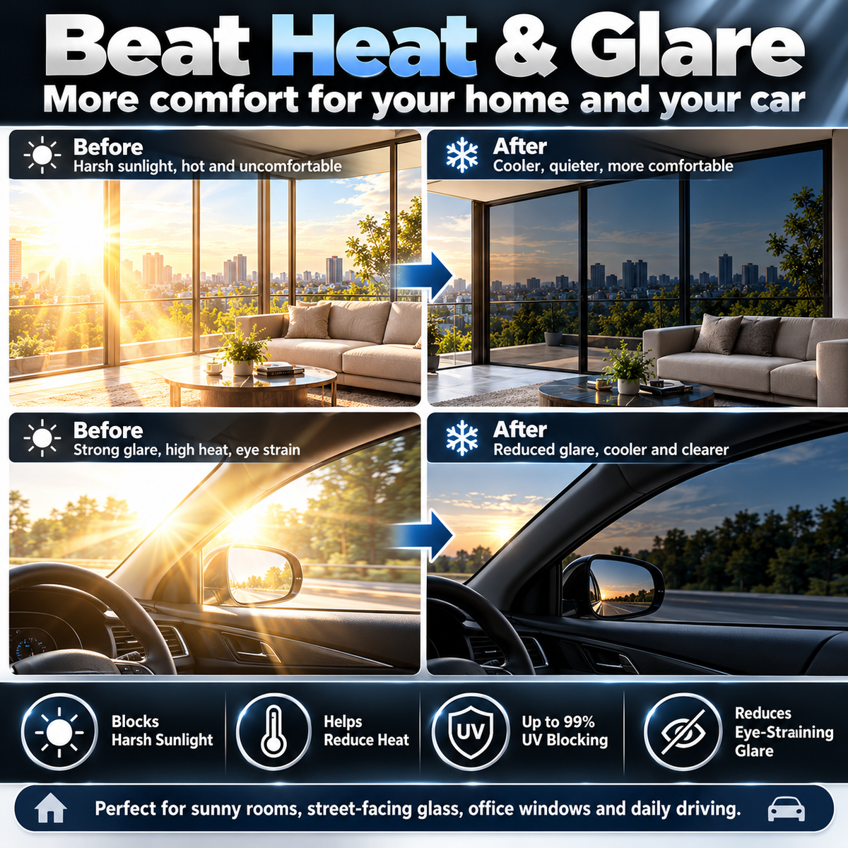 🎁🔥Multi-Purpose Scratch-Resistant Window Tint Film.Sun Control Film, Automotive and Residential Window Film, UV Protection, Heat Rejection, and Privacy