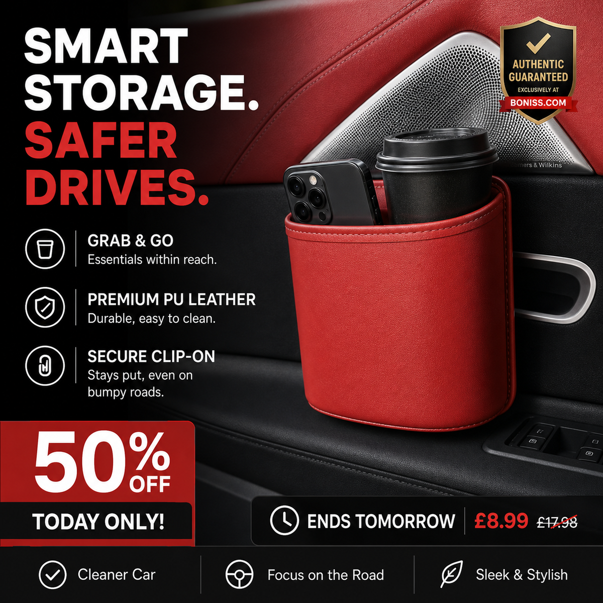 🚗🧺 50% OFF! Leather Car Door Cup Holder – Wide‑mouth opening, easy reach for drinks & phone. Clip‑on secure fit. PU leather, tough & stylish. 🛡️✨