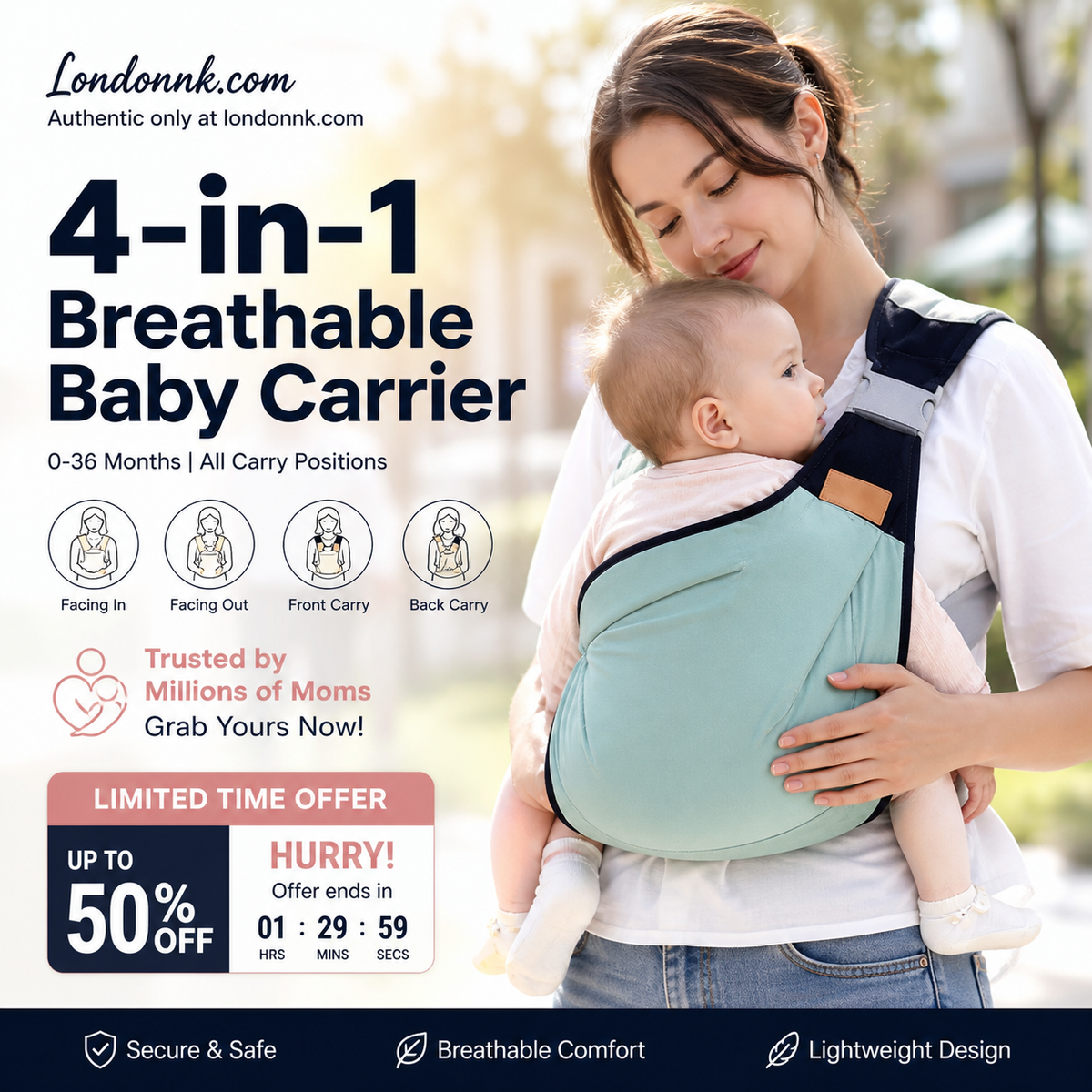 👶50% OFF NOW! 4‑In‑1 Lightweight Baby Carrier, Breathable Ergonomic Infant Sling, Hands‑Free Adjustable Baby Wrap for 0‑36 Months, Front & Back Carry for Newborn & Toddler
